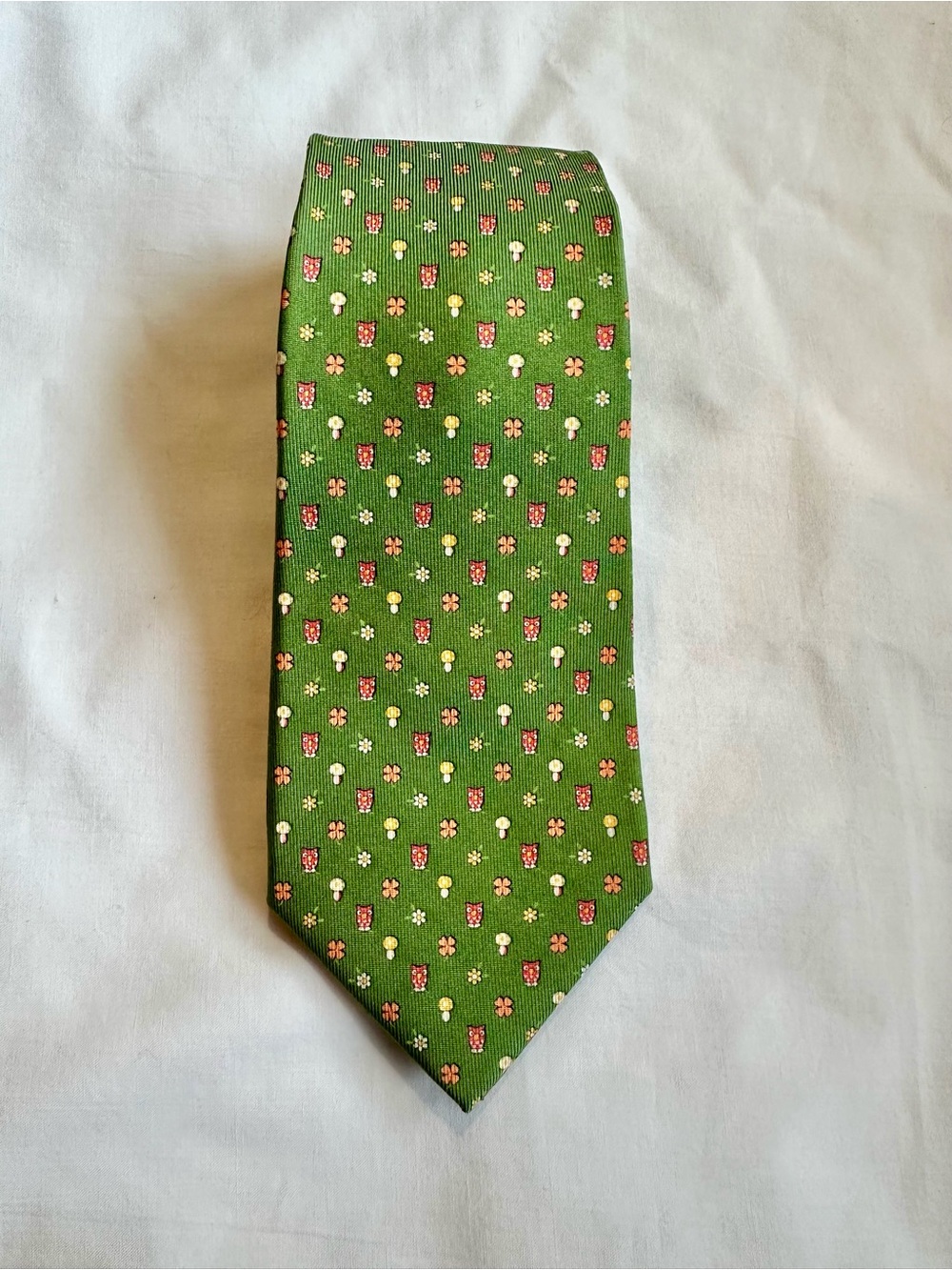 Salvatore Ferragamo Green Tie with Pink and Yellow Owl & Mushroom Micro Motif